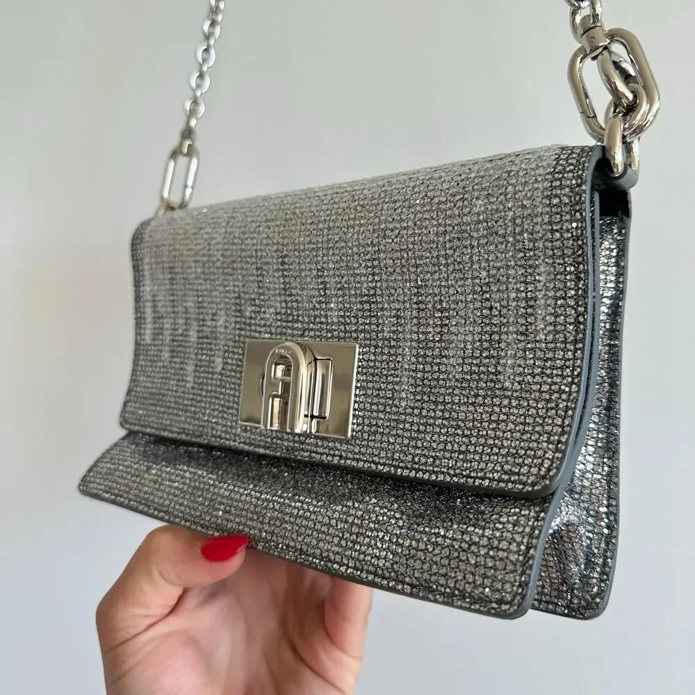 FURLA 1927 Glitter Embellished Chain Strap Mini Crossbody Bag Silver
